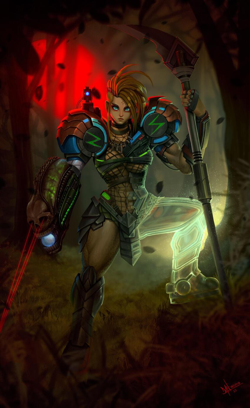 1girl absurdres alien_(series) alien_vs._predator arm_cannon armor bikini_armor blonde_hair blue_eyes bodystocking breasts camouflage crossover danderfull dreadlocks facial_mark fishnet_bodystocking fishnet_leotard fishnet_top fishnets forehead_mark fusion highres holding holding_polearm holding_weapon invisible large_breasts laser_sight leotard metroid nintendo optical_camouflage partially_invisible polearm power_armor power_suit_(metroid) predator_(1987) predator_(character) predator_(series) samus_aran shoulder_armor shoulder_cannon skull solo spear spiked_hair underboob undercut weapon xenomorph