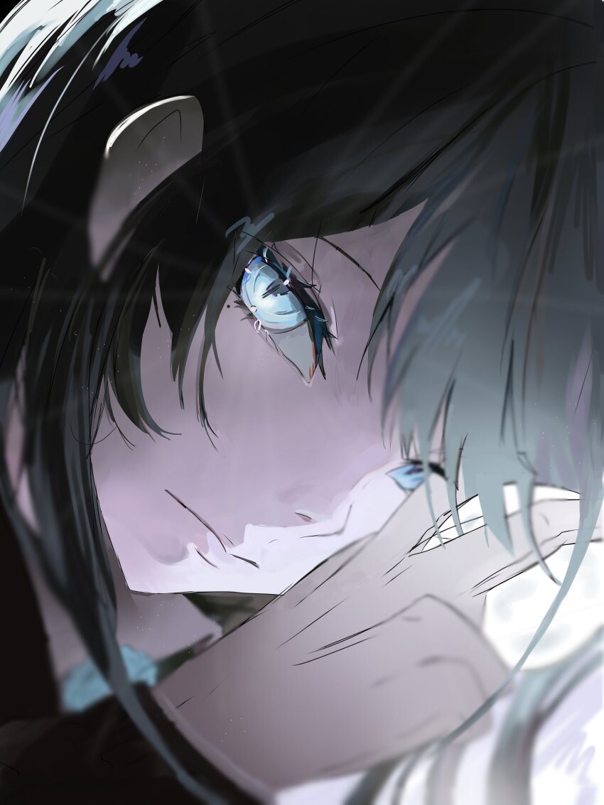1girl absurdres ado_(utaite) black_hair blue_eyes chando_(ado) closed_mouth commentary_request gloves heterochromia highres kahuna90231217 long_hair looking_at_viewer mole mole_under_eye sidelocks solo utaite white_gloves
