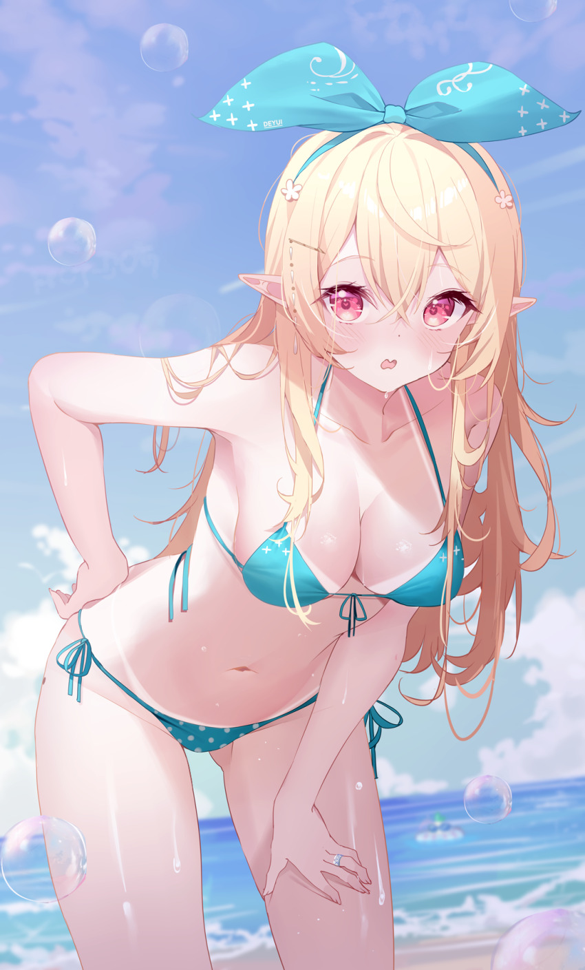 1girl ahoge beach bikini bikini_tan blonde_hair blue_sky breasts cleavage commentary deyui english_commentary front-tie_bikini_top front-tie_top green_ribbon hair_ornament hair_ribbon halterneck highres jewelry long_hair looking_at_viewer medium_breasts navel nijisanji nijisanji_en ocean open_mouth pointy_ears pomu_rainpuff red_eyes ribbon ring side-tie_bikini_bottom sky string_bikini swimsuit tan tanline virtual_youtuber wedding_ring