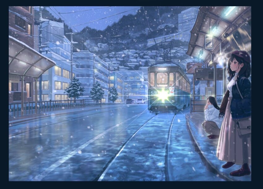 2girls bag black_hair blue_jacket breath building car city grey_skirt handbag hands_in_pockets hat jacket jikkujiku long_hair long_skirt motor_vehicle multiple_girls open_clothes open_jacket original overhead_line pleated_skirt purple_hat road scenery shirt_tucked_in skirt snow snowing squatting standing streetcar warming_hands white_jacket winter