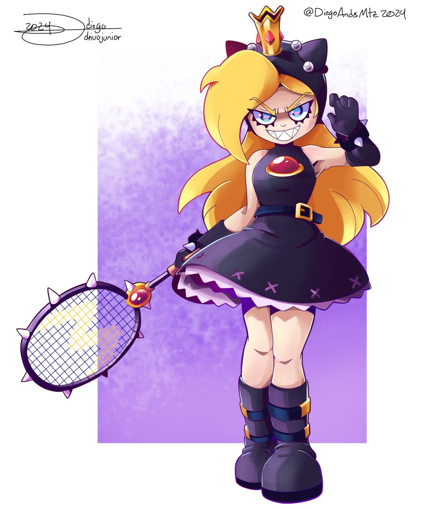 1girl absurdres belt_buckle blonde_hair boots bracelet buckle diegoandsmtz dress full_body highres holding_tennis_racket jewelry mario_(series) mario_power_tennis mario_tennis nintendo sharp_teeth signature sleeveless sleeveless_dress solo spiked_bracelet spikes standing teeth v-shaped_eyebrows warupeach