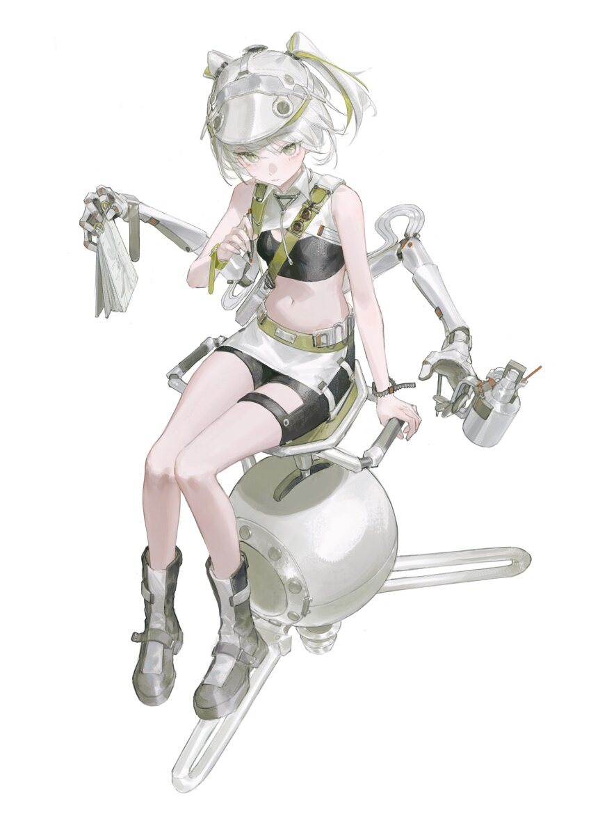 1girl absurdres anhao1224 belt black_shorts breasts closed_mouth full_body green_belt grey_eyes grey_hair grey_hat hat highres looking_at_viewer mechanical_arms navel original shorts simple_background sitting small_breasts solo white_background