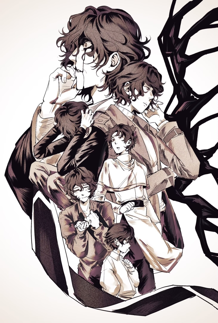 1boy belt blood_from_forehead blood blood_on_face capelet closed_eyes closed_mouth collared_shirt commentary_request constricted_pupils expressionless hand_on_own_chest hands_on_own_head highres jacket long_sleeves male_focus monochrome multiple_views open_clothes open_jacket pants parted_lips saibou_shinkyoku sashatsurukawa08 sepia shirt short_hair side_slit simple_background smile spoilers sweater turtleneck turtleneck_sweater utsugi_noriyuki white_background