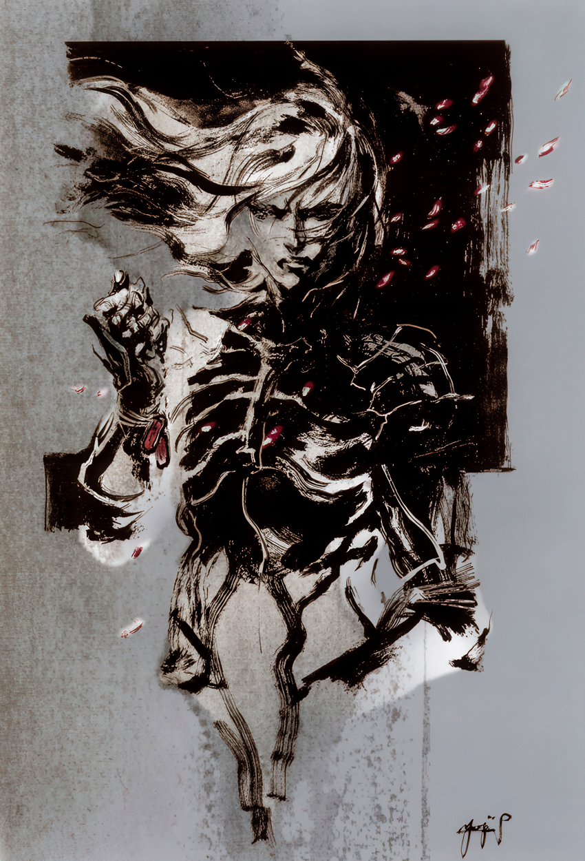 1boy absurdres cherry_blossoms clenched_hand dog_tags floating_hair highres holding_dog_tags long_hair looking_at_viewer male_focus metal_gear_(series) metal_gear_solid_2:_sons_of_liberty raiden_(metal_gear) shinkawa_youji signature sneaking_suit solo upper_body white_hair