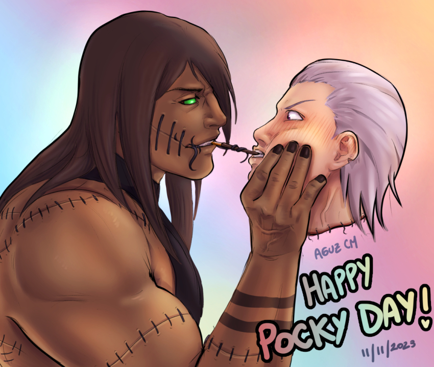 2boys aguzcm bara blush colored_sclera dark-skinned_male dark_skin disembodied_head english_text food from_side green_sclera hidan_(naruto) holding_detached_head kakuzu_(naruto) long_hair male_focus mouth_hold multiple_boys muscular muscular_male naruto_(series) naruto_shippuuden nude pocky pocky_day profile short_hair smirk stitches upper_body yaoi