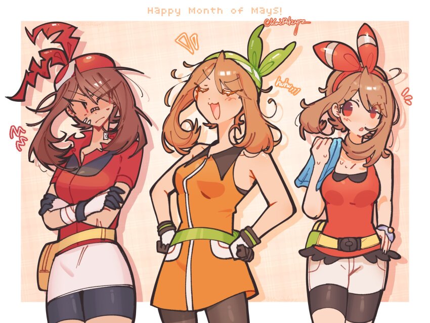 3girls bandana bare_shoulders black_pantyhose black_shorts breasts brown_eyes brown_hair closed_eyes cowboy_shot creatures_(company) crossed_arms dress game_freak hair_ribbon hands_on_own_hips highres kairubyz long_hair may_(pokemon) medium_breasts multiple_girls nintendo orange_dress orange_hair pantyhose pokemon pokemon_emerald pokemon_oras pokemon_rse pun red_bandana red_ribbon red_shirt ribbon shirt shorts skirt smug white_skirt