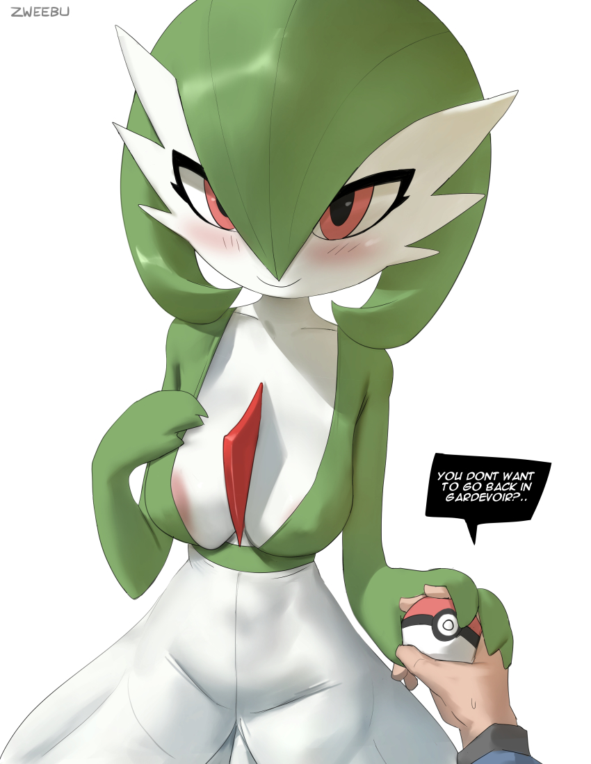 1girl areola_slip artist_name blush bob_cut breasts closed_mouth collarbone colored_skin covered_erect_nipples cowboy_shot english_text gardevoir gen_3_pokemon green_hair green_shirt hand_on_own_chest happy high-waist_skirt holding holding_hands holding_poke_ball izhardraws looking_at_viewer medium_breasts nintendo poke_ball poke_ball_(basic) pokemon pokemon_(creature) pov red_eyes shirt short_hair signature simple_background skirt smile solo_focus speech_bubble standing talking white_background white_skin white_skirt