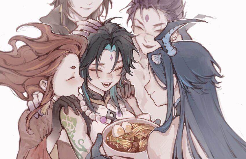 2girls 3boys behind_another bonanus_(genshin_impact) bosacius_(genshin_impact) bowl closed_eyes colored_extremities doupu41 extra_arms facial_mark facing_another floating_hair food forehead_mark genshin_impact hand_on_another&#039;s_head hands_on_another&#039;s_shoulders hands_up happy hardboiled_egg headpat highres hikimayu holding holding_bowl horns indarias_(genshin_impact) menogias_(genshin_impact) multiple_boys multiple_girls noodles nose open_mouth portrait ramen scar scar_on_face scar_on_nose shell_hair_ornament shoulder_tattoo simple_background smile soup tattoo two-handed white_background wide_sleeves xiao_(genshin_impact)