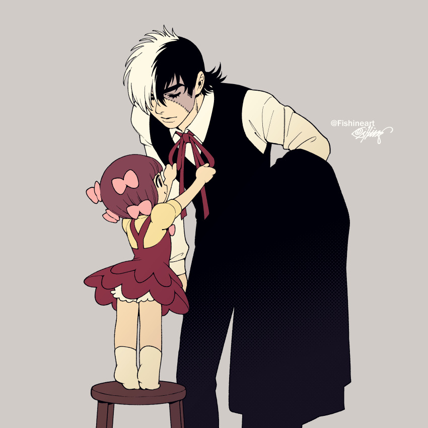 1boy 1girl absurdres adjusting_clothes adjusting_neck_ribbon artist_name bare_legs black_eyes black_hair black_jack_(character) black_jack_(series) black_jacket black_pants black_vest bloomers bob_cut chair child chinese_commentary closed_eyes closed_mouth collared_shirt commentary commentary_request dress dress_shirt english_commentary facing_another facing_to_the_side feet_out_of_frame fishine from_behind from_side full_body grey_background hair_ribbon highres holding holding_jacket holding_unworn_clothes jacket leaning_forward looking_at_another medium_hair microdress microskirt mixed-language_commentary multicolored_hair neck_ribbon on_chair pants pink_ribbon pinoko red_dress red_hair red_ribbon ribbon shirt short_hair signature skirt smile socks standing standing_on_chair stitched_face stitches stool tiptoes two-tone_hair underwear unworn_jacket upskirt variant_set vest white_bloomers white_hair white_shirt white_socks yellow_shirt