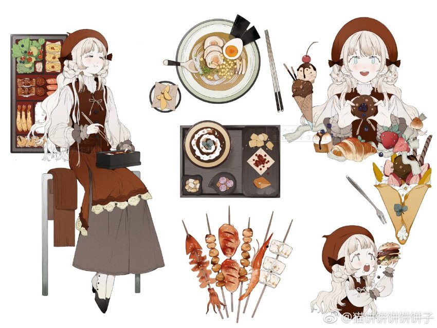 1girl bento beret black_bow black_footwear blonde_hair blue_eyes blueberry boots bow braid braided_hair_rings burger buttons chewing chibi chinese_commentary chocolate_syrup chopsticks closed_eyes closed_mouth collared_shirt commentary_request crepe croissant crumbs dark_skin donut eating eyelashes food food_request fruit gold_bowtie hair_bow hair_rings hat high_collar high_heel_boots high_heels holding holding_bento holding_chopsticks holding_crepe holding_food ice_cream lace lace-trimmed_skirt lace_trim layered_skirt light_blush long_hair long_skirt long_sleeves maobing_maobing multiple_views open_mouth original pocky puffy_long_sleeves puffy_sleeves red_hat red_skirt red_vest salad shirt shish_kebab shrimp sitting skirt smile strawberry teeth two-tone_footwear upper_body upper_teeth_only vest watermark weibo_watermark white_background white_footwear white_shirt