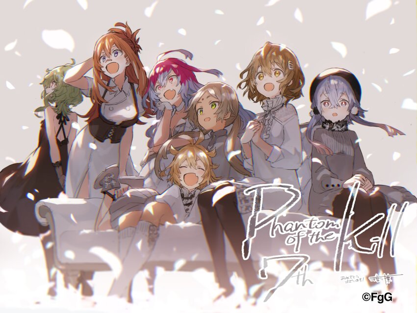 6+girls :d :o absurdres ahoge black_dress brown_hair closed_eyes commentary_request couch crossed_bangs double-parted_bangs dress fang from_behind gjallarhorn_(phantom_of_the_kill) green_eyes green_hair grey_background grey_eyes grey_hair grey_skirt gridarvol hair_between_eyes hair_ornament head_rest highres longinus_(phantom_of_the_kill) multicolored_hair multiple_girls ness_(phantom_of_the_kill) official_art on_couch open_mouth parashu parted_bangs phantom_of_the_kill pinaka pleated_skirt red_eyes red_hair second-party_source shu_(phantom_of_the_kill) signature simple_background sitting skirt smile standing twintails two-tone_hair watarubou