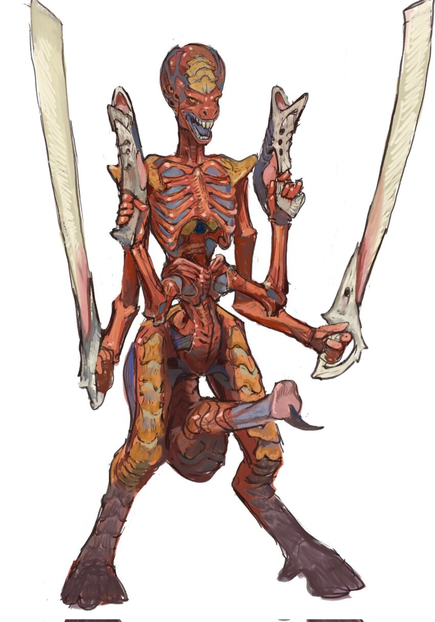 alien biomechanical extra_arms gun highres holding holding_gun holding_sword holding_weapon monster mossacannibalis no_humans standing stinger sword tyranid tyranid_warrior warhammer_40k weapon white_background