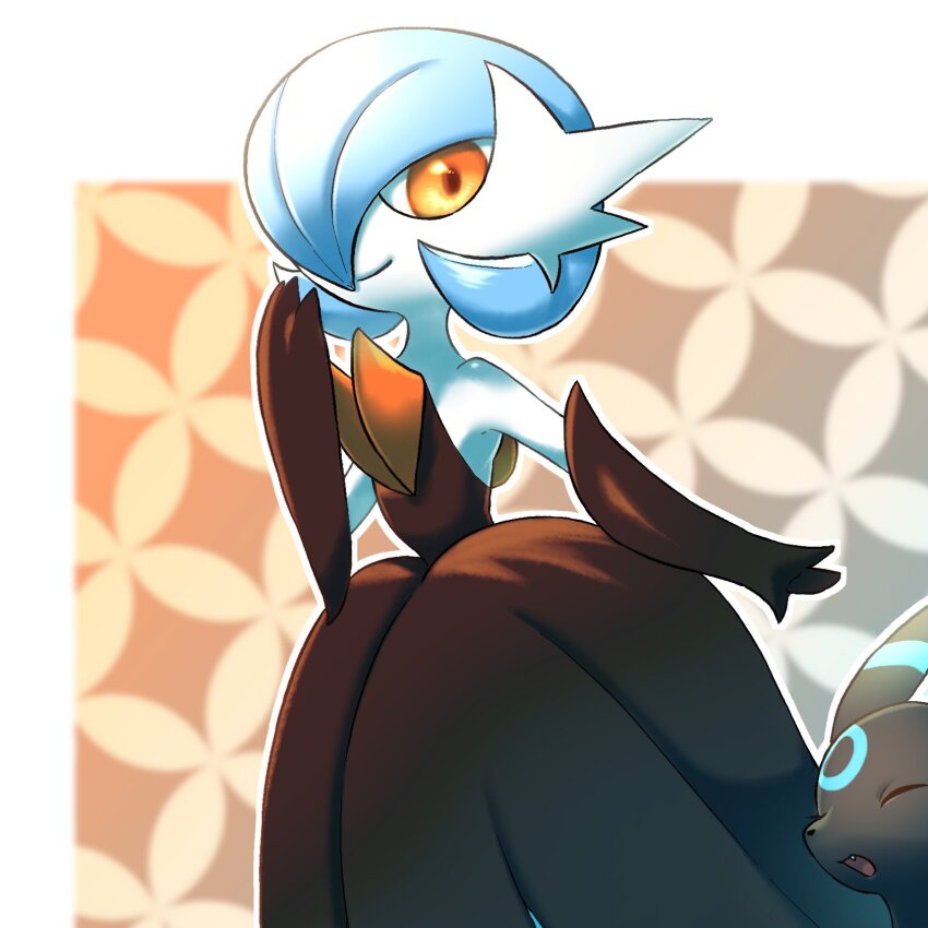 alternate_color black_dress black_fur black_gloves blue_hair closed_eyes colored_skin dress elbow_gloves gardevoir gen_2_pokemon gen_3_pokemon gloves hair_over_one_eye highres looking_at_viewer mega_gardevoir mega_pokemon nintendo orange_eyes pokemon pokemon_(creature) s_(esumi_kihomaru) shiny_pokemon smile strapless strapless_dress umbreon white_skin
