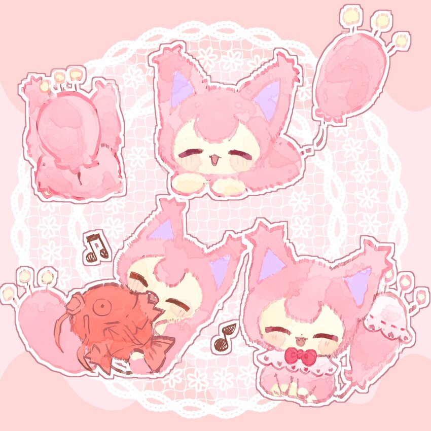blush bow closed_eyes fangs full_body gen_1_pokemon gen_3_pokemon highres kako_xox magikarp musical_note nintendo no_humans open_mouth pokemon pokemon_(creature) red_bow skitty smile