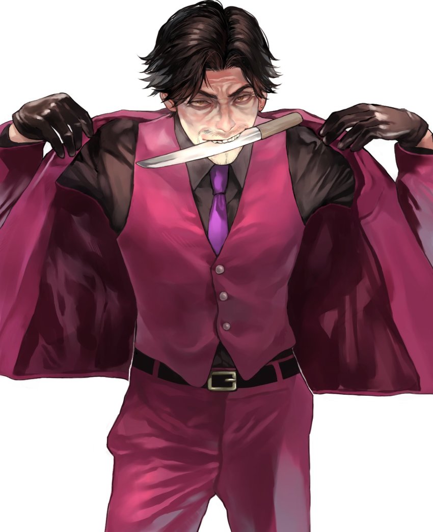 1boy black_gloves black_hair black_shirt blouse dagger ear_piercing facial_hair fangs formal_clothes gloves goatee highres holding holding_weapon jacket knife leather leather_gloves lips male_focus manly mature_male necktie nishitani_homare pants piercing purple_necktie red_eyes red_jacket red_pants ryuu_ga_gotoku_(series) ryuu_ga_gotoku_0 samuraisamurai shirt short_hair tongue tongue_out upper_body vest weapon yakuza