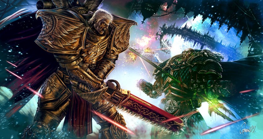 2boys alpha_legion alpharius andrea_guardino armor bald battle breastplate cape chainsword fighting gauntlets gold_armor holding holding_polearm holding_weapon imperial_fists laser multiple_boys pauldrons planet polearm power_armor primarch roaring rogal_dorn scale_armor short_hair shoulder_armor signature space spacecraft spear sword the_auric_armor warhammer_40k weapon white_hair