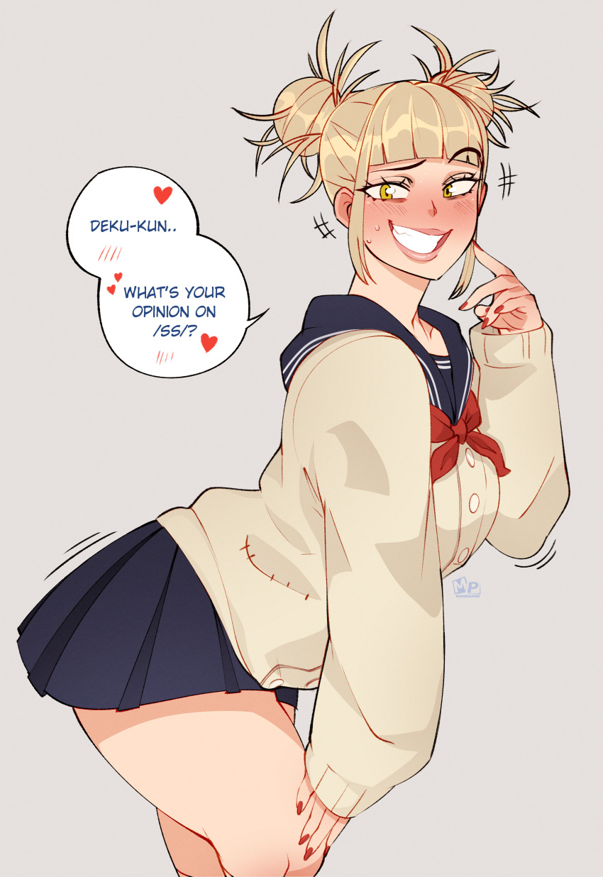 1girl absurdres artist_logo artist_name beige_background blonde_hair blue_sailor_collar blue_skirt blunt_bangs blush boku_no_hero_academia cardigan double_bun english_text fangs female_focus female_pervert fingernails hair_bun hand_on_own_face hand_on_own_thigh heart highres lips lipstick logo mahmapuu makeup messy_hair miniskirt motion_lines neckerchief pervert pink_lips pleated_skirt pocket raised_eyebrow red_nails red_neckerchief sailor_collar school_uniform serafuku short_hair sidelocks simple_background skirt smile solo speech_bubble spoken_blush spoken_heart sweat thighs toga_himiko watermark yellow_cardigan yellow_eyes
