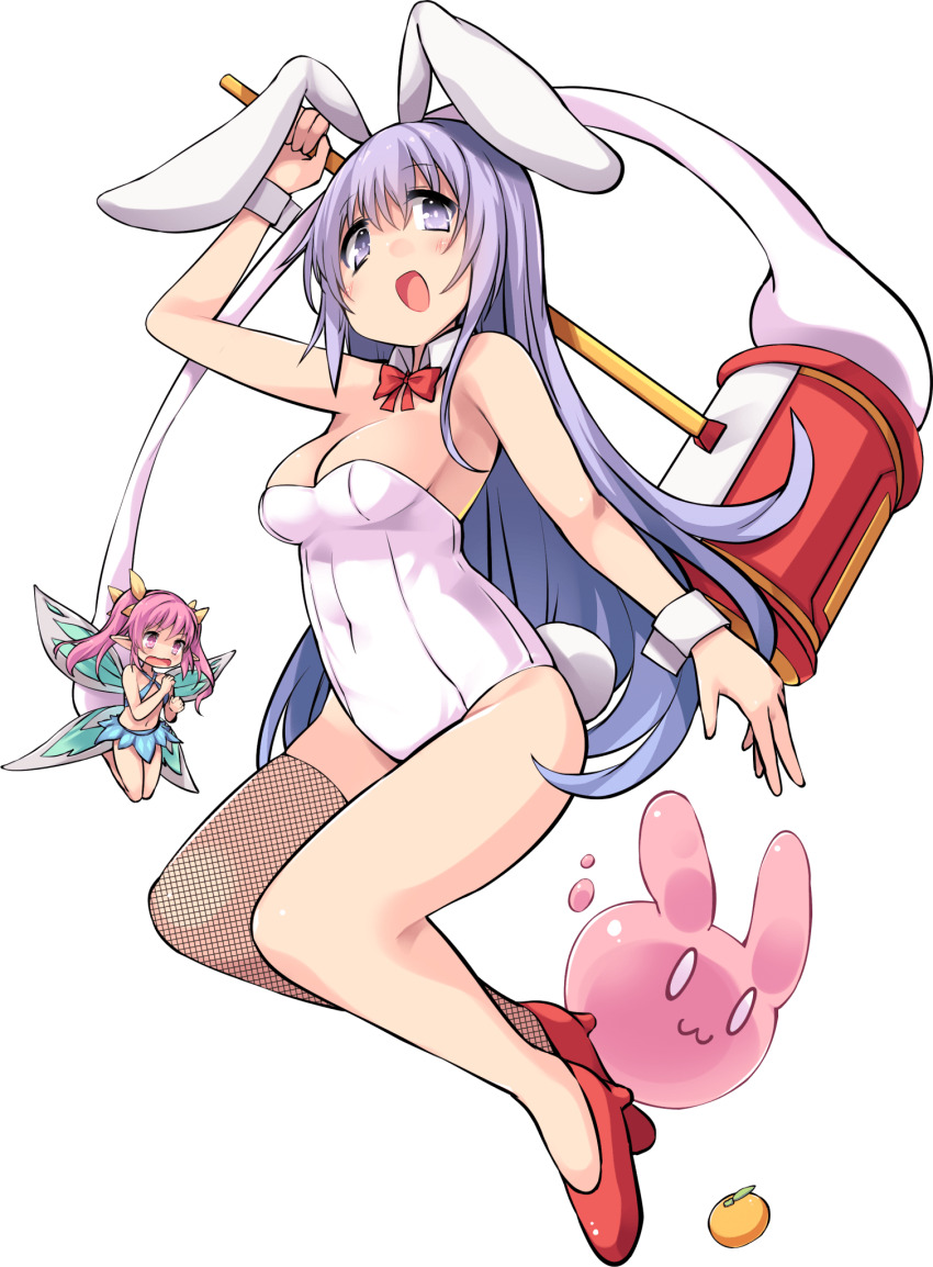 2girls animal_ears asymmetrical_legwear bare_arms bare_legs bare_shoulders bow bowtie breasts cleavage covered_navel detached_collar erina_(rabi-ribi) fairy fairy_wings fishnet_thighhighs fishnets full_body hammer high_heels highres holding holding_hammer kkpnex leotard long_hair medium_breasts midriff mini_person minigirl multiple_girls navel toy_hammer pink_eyes pink_hair playboy_bunny purple_eyes purple_hair rabbit_ears rabi-ribi red_bow red_bowtie red_footwear ribbon_(rabi-ribi) single_thighhigh strapless strapless_leotard thighhighs twintails very_long_hair white_leotard white_wrist_cuffs wings wrist_cuffs