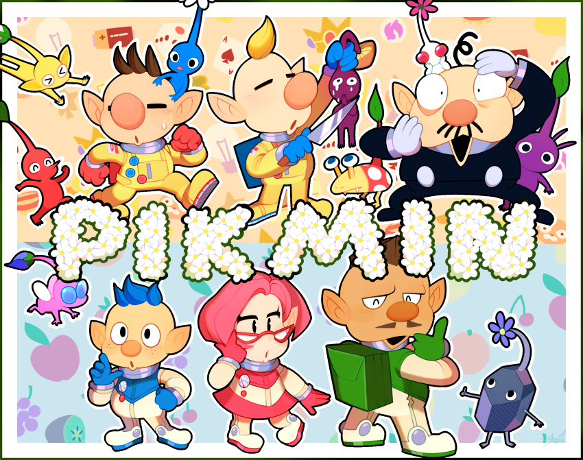&gt;_&lt; 1girl 5boys ^_^ alien alph_(pikmin) backpack bag big_nose black_eyes black_hair black_suit blonde_hair blue_background blue_bag blue_eyes blue_gloves blue_hair blue_pikmin blue_skin border brittany_(pikmin) brown_hair bud bulbmin buttons charlie_(pikmin) clenched_hand closed_eyes colored_skin commentary copyright_name crazy_eyes creature crying crying_with_eyes_open diving english_commentary everyone eyelashes fangs flower flying following formal_clothes freckles fruit_background full_body gauge glasses gloves green_bag green_gloves grey_skin hand_in_own_hair hand_on_own_hip hands_on_another&#039;s_head hands_on_own_chin hands_on_own_head highres holding holding_creature holding_knife insect_wings knife kozakana leaf leg_up looking_at_another louie_(pikmin) mohawk multiple_boys mushroom mushroom_pikmin nintendo no_headwear olimar open_mouth orange_background own_hands_together patterned_background pikmin_(creature) pikmin_(series) pink_flower pink_gloves pink_hair pink_skin pink_skirt pointy_ears pointy_nose polka_dot praying president_(pikmin) purple_flower purple_hair purple_pikmin purple_skin red-framed_eyewear red_bag red_eyes red_gloves red_pikmin red_skin rock rock_pikmin short_hair side-by-side skirt solid_oval_eyes spacesuit suit sweatdrop tears thumbs_up triangle_mouth triangular_eyewear two-tone_background unusually_open_eyes very_short_hair white_border white_flower white_pikmin white_skin winged_pikmin wings yellow_pikmin yellow_skin