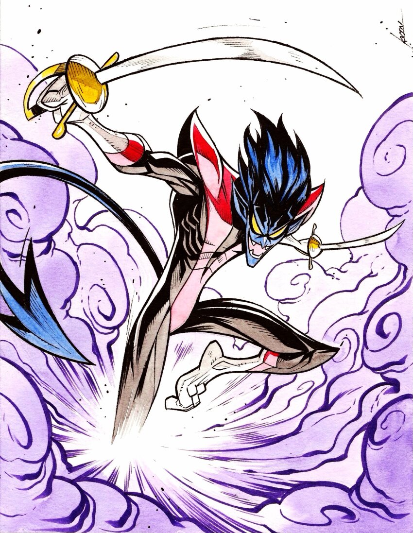 1boy black_bodysuit blue_hair bodysuit cutlass demon_boy demon_tail dual_wielding gloves highres holding holding_sword holding_weapon kevin_shah kurt_wagner looking_at_viewer marvel nightcrawler open_mouth simple_background smoke solid_eyes solo sword tail weapon white_background white_gloves x-men yellow_eyes