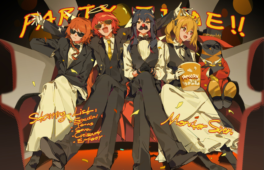 1boy 4girls absurdres ahoge ambience_synesthesia animal_ear_fluff animal_ears arknights black_bow black_bowtie black_coat black_gloves black_hair black_jacket black_pants black_shoes black_vest bow bowtie braid chinese_commentary coat collared_shirt commentary_request croissant_(arknights) crossed_bangs deng_wo_qu_shang_ge_cesuo dress emperor_(arknights) english_text exusiai_(arknights) fake_facial_hair fake_mustache food gloves green_necktie hair_between_eyes halo hat highres jacket long_hair long_sleeves multiple_girls necktie official_alternate_costume orange_hair pants popcorn puffy_long_sleeves puffy_sleeves red_eyes red_hair shirt shoes short_hair sitting sora_(arknights) sunglasses tailcoat texas_(arknights) vest white_dress white_pants white_shirt wings wolf_ears wolf_girl