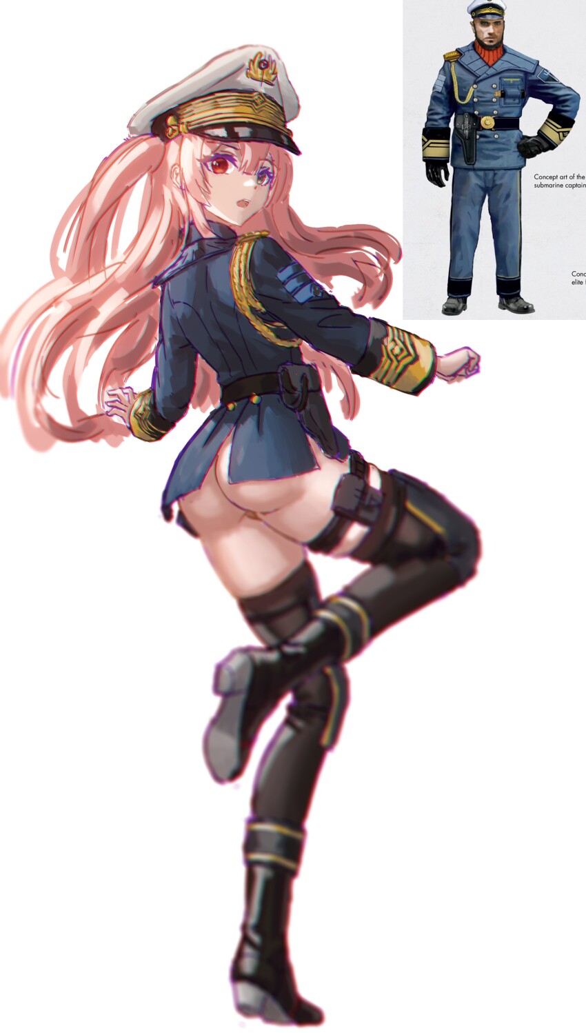 1boy 1girl absurdres ass belt black_thighhighs blue_pants boots hat highres holster huihuang_rongyao insignia kriegsmarine military_hat military_uniform naval_uniform original pants photo-referenced reference_inset thighhighs thighs wolfenstein_(series)