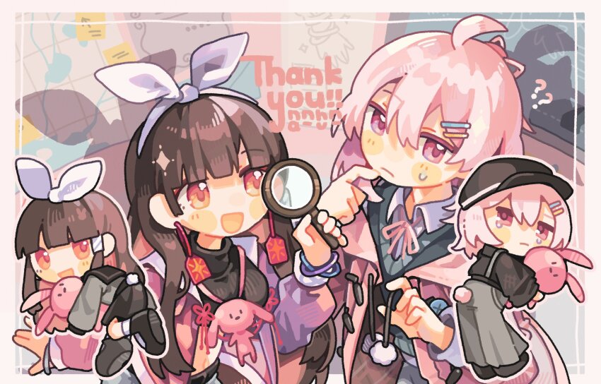 2girls :d ahoge black_shirt blunt_bangs blush_stickers borrowed_character bow_hairband brown_hair chibi closed_mouth commentary commission hair_ornament hairband hairclip highres holding holding_magnifying_glass jacket long_hair long_sleeves magnifying_glass multiple_girls neck_ribbon open_mouth original parallel_hairclips pink_eyes pink_hair pink_ribbon purple_jacket red_eyes ribbon shirt signature skeb_commission smile sweatdrop tabunnanhun thank_you upper_body white_hairband wing_collar