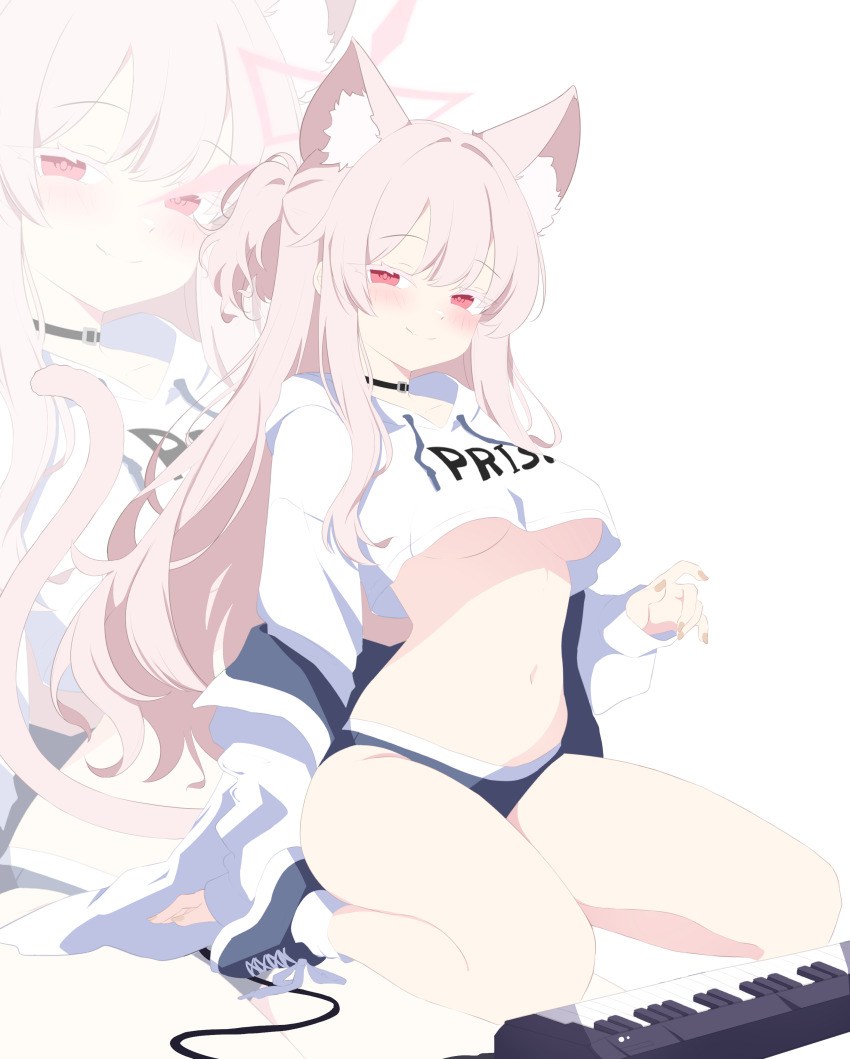 1girl absurdres akira_(blue_archive) alternate_costume alternate_hairstyle animal_ear_fluff animal_ears austsue belly black_panties black_shoes blue_archive breasts cat_ears cat_girl cat_tail closed_mouth halo highres instrument jacket jacket_partially_removed keyboard_(instrument) kneeling long_hair long_sleeves looking_at_viewer navel no_bra no_pants panties pink_eyes pink_hair ponytail shoes short_ponytail smile stomach tail tank_top underboob underwear white_jacket white_tank_top yellow_nails zoom_layer