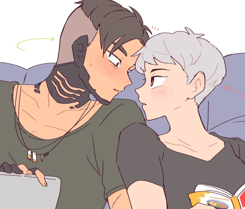 1boy 1girl animification apex_legends arrow_(symbol) black_gloves black_hair black_shirt blush book brown_eyes collarbone crypto_(apex_legends) eye_contact gloves green_eyes green_shirt grey_hair hetero highres holding holding_book jewelry looking_at_another necklace nojima_minami open_mouth partially_fingerless_gloves shirt short_hair valkyrie_(apex_legends)