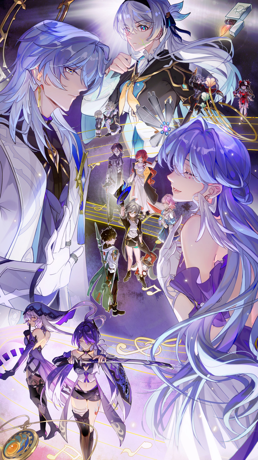 5boys 6+girls absurdres acheron_(honkai:_star_rail) aventurine_(honkai:_star_rail) bare_shoulders black_coat black_gloves black_hair black_jacket black_swan_(honkai:_star_rail) blonde_hair blue_gloves blue_hair boothill_(honkai:_star_rail) boots breasts brown_hair closed_eyes coat cropped_jacket dan_heng_(honkai:_star_rail) dan_heng_(hunt)_(honkai:_star_rail) dress firefly_(honkai:_star_rail) fox_mask gloves grey_hair gun halo head_wings highres himeko_(honkai:_star_rail) holding holding_gun holding_polearm holding_sword holding_weapon honkai:_star_rail honkai_(series) jacket kakavasha_(honkai:_star_rail) knee_boots large_breasts march_7th_(honkai:_star_rail) march_7th_(preservation)_(honkai:_star_rail) mask mask_on_head multicolored_hair multiple_boys multiple_girls navel parted_bangs pink_hair polearm pom-pom_(honkai:_star_rail) purple_dress purple_hair purple_veil red_dress red_hair robin_(honkai:_star_rail) shenjudongmandabanban shirt short_shorts shorts single_knee_boot smile sparkle_(honkai:_star_rail) stelle_(honkai:_star_rail) strapless strapless_dress sunday_(honkai:_star_rail) sunday_(sacerdos&#039;_relived_ordeal)_(honkai:_star_rail) sword trailblazer&#039;s_hat_(honkai:_star_rail) trailblazer_(honkai:_star_rail) two-tone_hair veil weapon welt_yang white_dress white_shirt white_wings wings