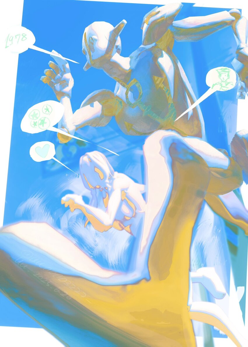 1boy 2others anchor_ornament blue_background bobbles border breasts colored_skin digits dixie_cup_hat foreshortening from_below hat heart higashikata_josuke_(jojolion) highres humanoid_robot jojo_no_kimyou_na_bouken jojolion long_hair looking_at_another military_hat multiple_others no_mouth outside_border paisley_park_(stand) robot soft_&amp;_wet speech_bubble spoken_heart spoken_object stand_(jojo) uu0000322 white_border white_hair white_skin