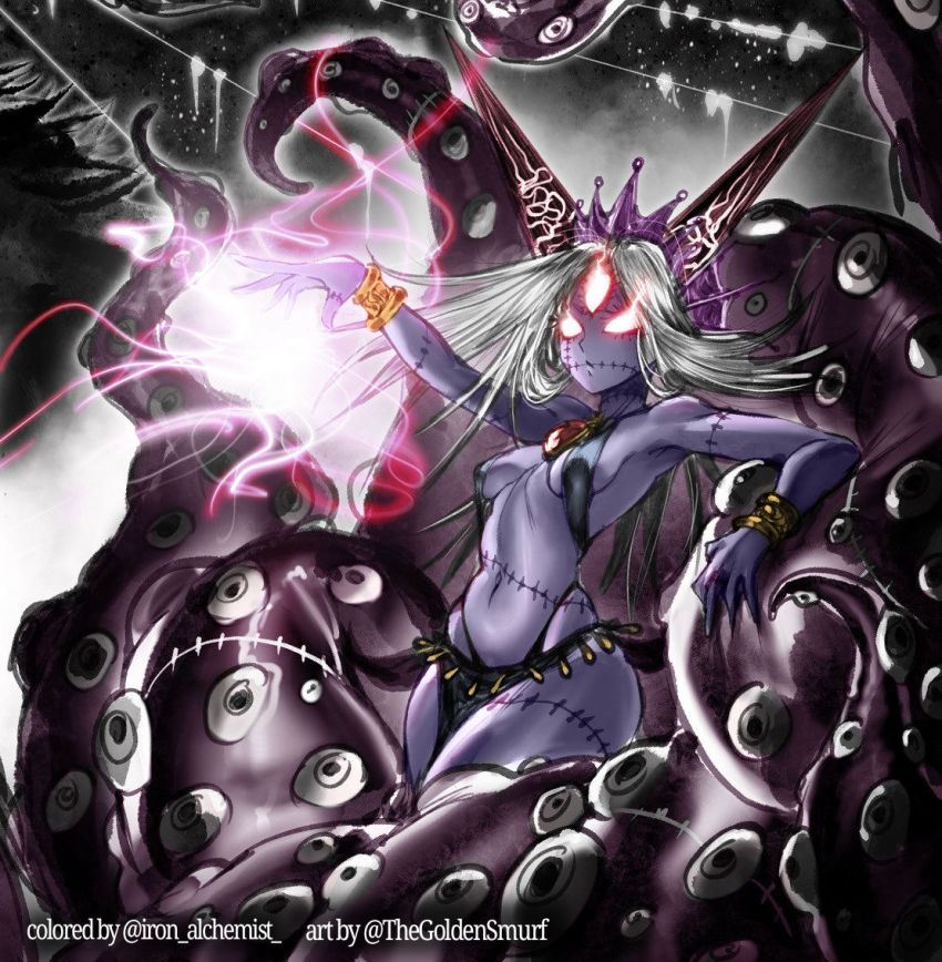1girl attack aura bare_shoulders breasts cleavage_cutout clothing_cutout colored_skin crown energy female_focus fighting_stance glowing glowing_eyes midriff navel octasonia_(ramia-yana) octopus_girl power purple_skin ramia-yana scar sideboob small_breasts solo swimsuit tattoo tentacles third_eye white_hair