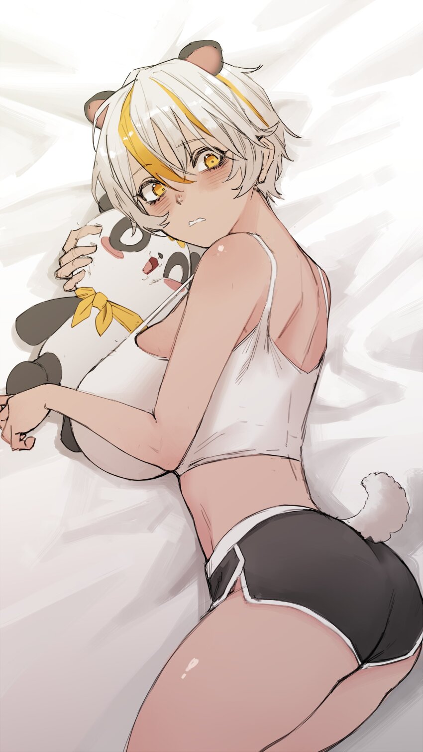 1girl absurdres animal_ears black_shorts blonde_hair blush breasts crop_top highres kkachi_(limkkachi) large_breasts luvdia lying multicolored_hair on_side park_dona short_shorts shorts strap_gap streaked_hair tail tan tank_top virtual_youtuber white_hair white_tank_top yellow_eyes
