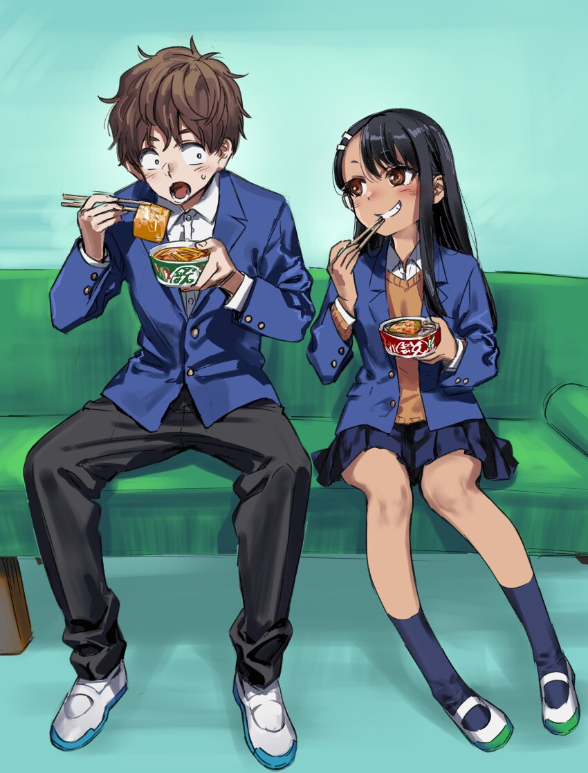 1boy 1girl 774_(nanashi) absurdres aqua_background black_hair black_pants black_socks blazer blue_jacket blue_skirt blush brown_eyes brown_hair chopsticks collared_shirt commentary_request couch eating full_body grin hachiouji_naoto highres holding holding_chopsticks ijiranaide_nagatoro-san jacket kitsune_udon long_hair long_sleeves looking_at_another nagatoro_hayase no_eyewear on_couch open_clothes open_jacket open_mouth orange_sweater pants pleated_skirt school_uniform shadow shirt shoes short_hair sitting skirt smile socks sweater tan uwabaki white_footwear white_shirt white_socks