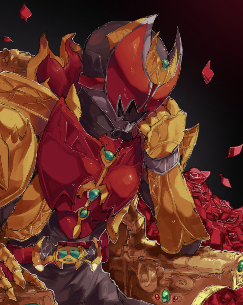 1boy armor belt black_background black_bodysuit black_headwear bodysuit breastplate chikichi gauntlets gem gloves green_gemstone hand_up head_rest helmet highres kamen_rider kamen_rider_kiva kamen_rider_kiva_(emperor_form) kamen_rider_kiva_(series) kivat-bat_iii male_focus petals red_eyes red_gemstone shoulder_armor simple_background sitting solo_focus throne upper_body utility_belt yellow_gloves