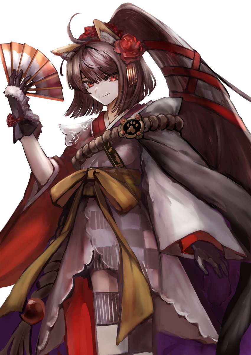 1girl ahoge animal_ears black_gloves brown_hair dog_ears fate/grand_order fate_(series) flower folding_fan gloves hair_flower hair_ornament hand_fan highres japanese_clothes kimono kyokutei_bakin_(fate) kyokutei_bakin_(second_ascension)_(fate) long_hair ponytail red_eyes sanshi_(sannshi_34) smile white_background