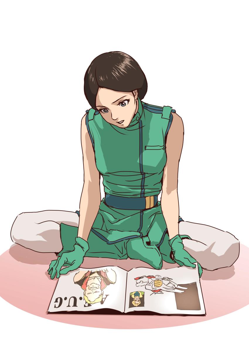 1girl absurdres argama blex_forer blue_eyes boots breasts brown_hair emma_sheen female_focus full_body gloves green_boots green_gloves gundam henken_bekkener highres magazine_(object) medium_breasts reading sitting sleeveless solo teikoku_jokyoku zeta_gundam