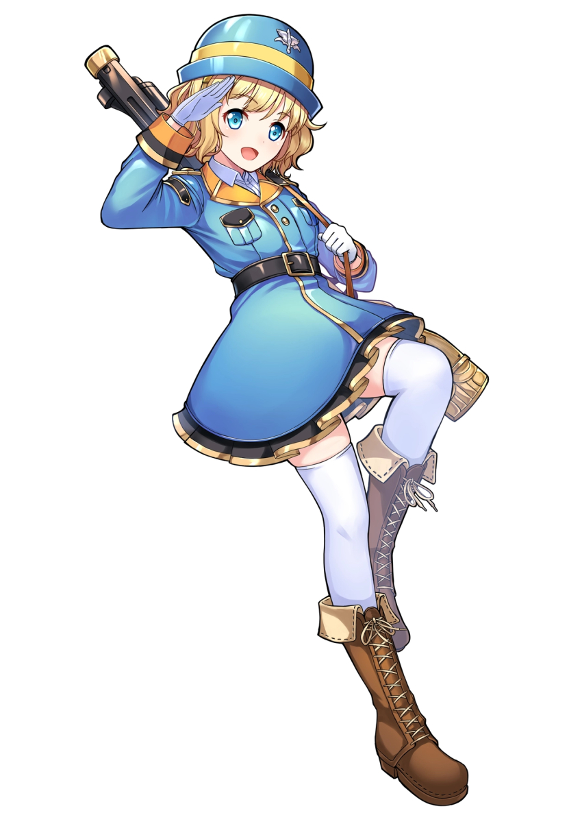 1girl :d aria_(vivid_army) belt blonde_hair blue_eyes blue_headwear blue_skirt boots brown_boots cross-laced_footwear full_body gloves gun highres long_sleeves military military_uniform official_style open_mouth pocket salute simple_background skirt smile standing standing_on_one_leg thighhighs vivid_army weapon weapon_on_back white_background white_gloves white_thighhighs yakkuro