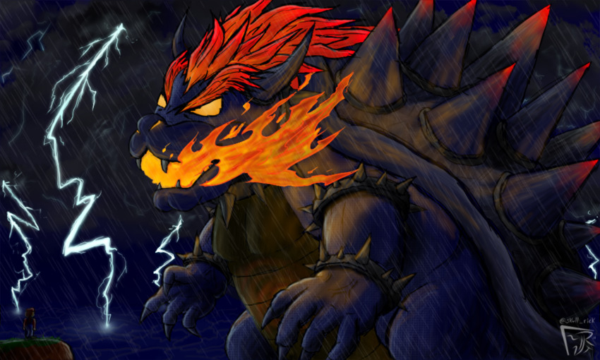 armlet bowser bracelet breath_weapon breathing_fire claws cloud collar darkness electricity fangs fire fury_bowser glowing glowing_eyes glowing_hair highres horns jewelry lightning male_focus mario mario_(series) nintendo ocean rain red_eyes red_hair richart self-upload spiked_armlet spiked_bracelet spiked_collar spiked_shell spikes storm super_mario_3d_world thunder