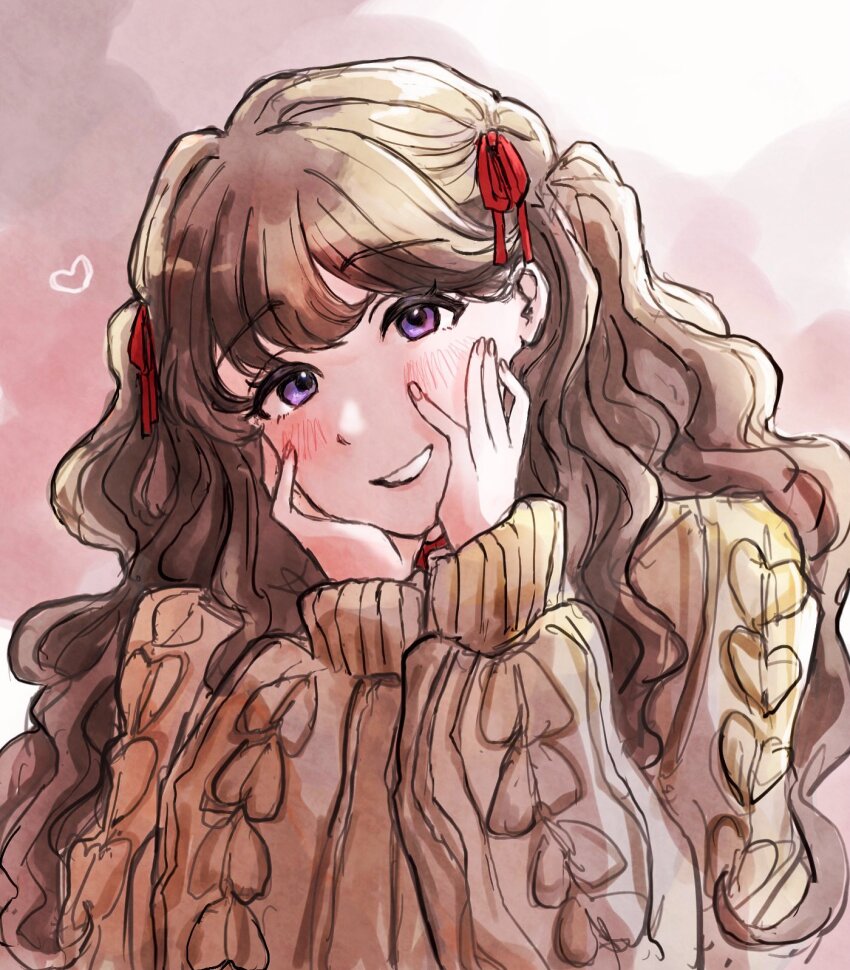 1girl aran_sweater brown_hair brown_sweater cable_knit commentary fujishima_megumi hair_ribbon hashtag-only_commentary heart highres knit_sweater link!_like!_love_live! long_hair long_sleeves love_live! official_alternate_costume purple_eyes red_background red_ribbon ribbon solo sweater two_side_up upper_body virtual_youtuber yam5565