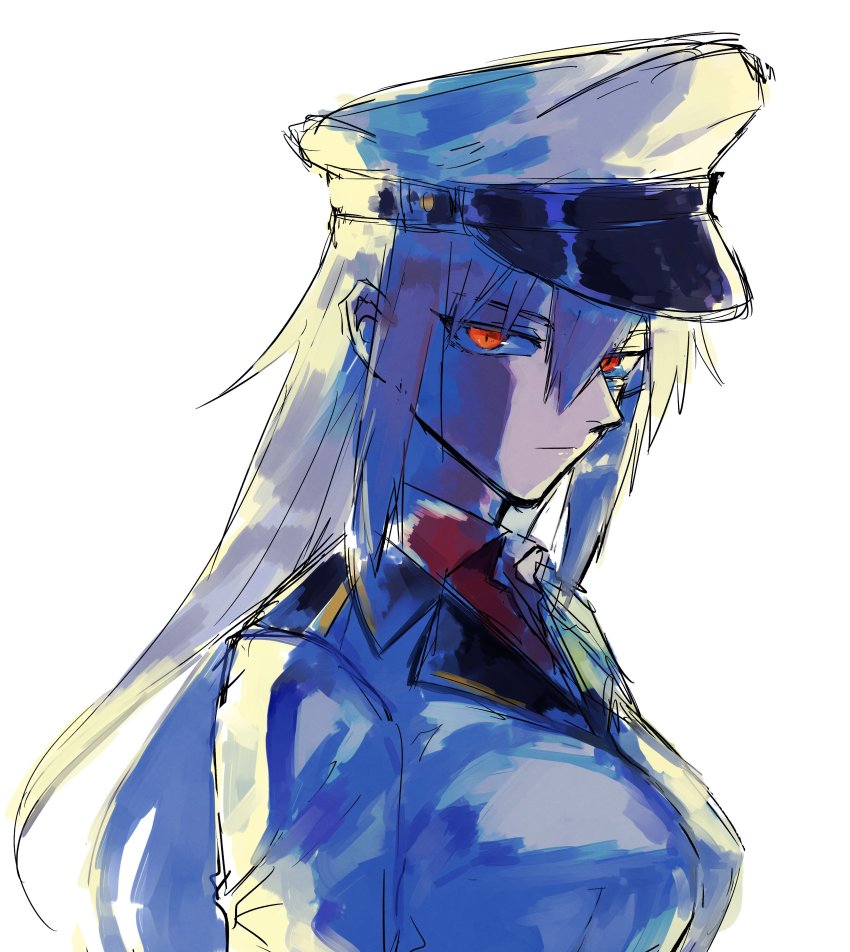 1girl absurdres agtt25333 breasts closed_mouth female_focus flat_cap gangut_(kancolle) grey_hair hair_between_eyes hat highres jacket kantai_collection large_breasts long_hair looking_at_viewer military military_hat military_jacket military_uniform peaked_cap red_eyes red_shirt shirt simple_background solo white_background white_jacket