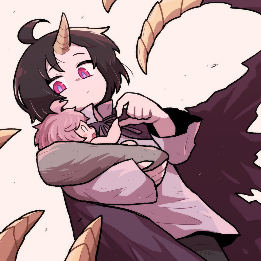1boy 1girl ahoge baby blush brown_hair carrying carrying_baby carrying_person clen_(clevatess) clevatess:_majuu_no_ou_to_akago_to_shikabane_no_yuusha highres horns looking_at_another luna_(clevatess) open_mouth pink_eyes pink_hair shirt simple_background takurada white_background white_shirt