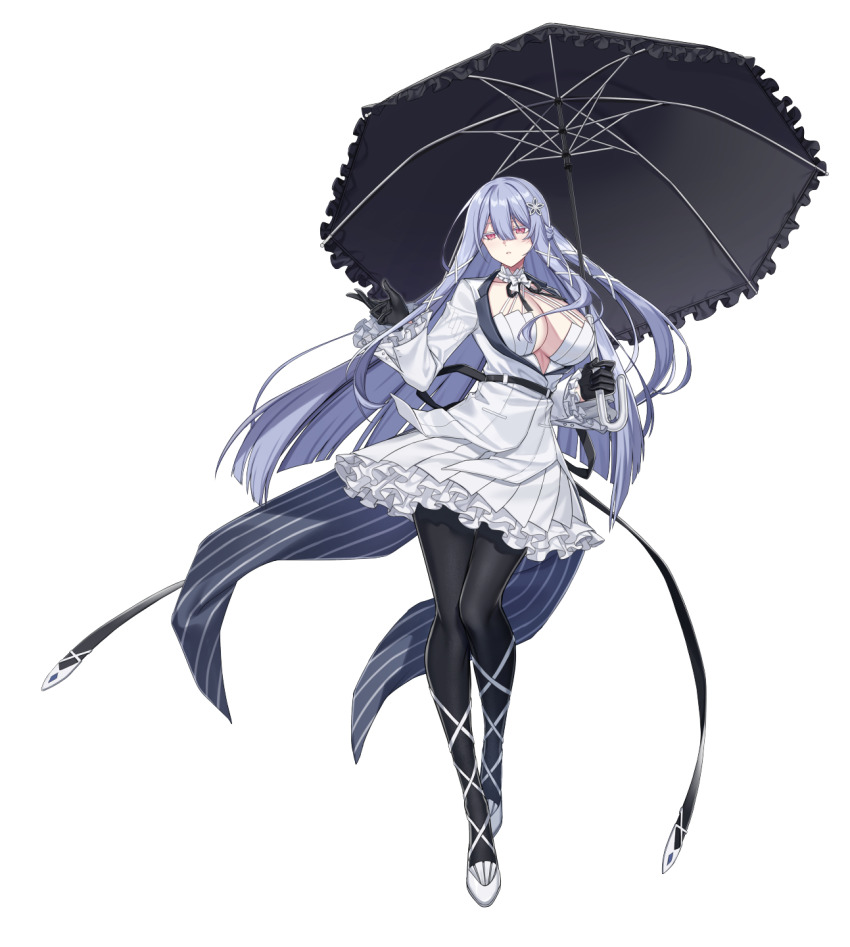 1girl black_gloves black_pantyhose black_ribbon black_umbrella blue_hair blunt_ends bow bowtie breasts cleavage counter:side cross-laced_footwear dress floating_clothes floating_hair flower_hairpin frilled_skirt frilled_sleeves frilled_umbrella frills gloves hair_between_eyes half_updo halter_dress halterneck highres holding holding_umbrella jacket large_breasts leaning_to_the_side light_blue_hair long_hair long_sleeves looking_afar neck_ribbon official_art pantyhose parted_lips pink_eyes pinstripe_pattern ribbon simple_background skirt solo straight_hair swan_claire tachi-e tailcoat transparent_background umbrella walking white_dress white_footwear white_jacket