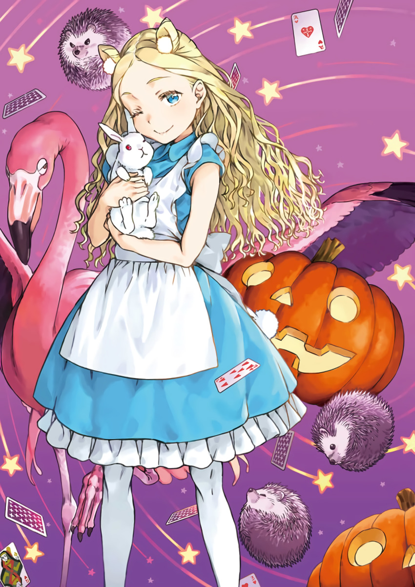 1girl absurdres alice_anotherbible animal animal_ears apron bird blonde_hair blue_dress blue_eyes card child closed_mouth cover cover_page dress flamingo frilled_dress frilled_skirt frills haimura_kiyotaka hedgehog highres holding holding_animal jack-o&#039;-lantern long_hair looking_at_viewer novel_cover official_art one_eye_closed pantyhose parted_bangs parted_hair playing_card pumpkin short_sleeves skirt smile solo standing textless_version toaru_majutsu_no_index toaru_majutsu_no_index:_genesis_testament wavy_hair white_apron white_pantyhose white_rabbit_(alice_in_wonderland)