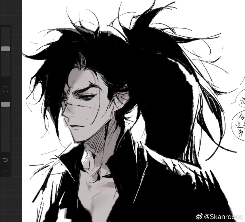 1boy art_program_in_frame artist_name asymmetrical_bangs chinese_commentary closed_mouth commentary_request expressionless high_contrast high_ponytail highres league_of_legends long_bangs male_focus ponytail popped_collar procreate_(medium) procreate_(software) scar scar_on_face scar_on_nose simple_background skanroooo solo true_damage_(league_of_legends) true_damage_yasuo watermark weibo_watermark white_background yasuo_(league_of_legends)