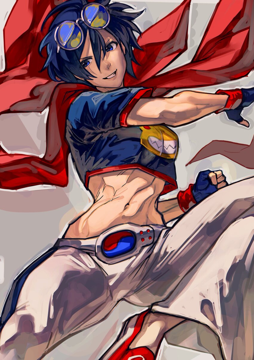 1girl absurdres animal_print attack bell-bottoms belt blue_eyes blue_hair breasts eyewear_on_head flying_kick frog_print gloves highres jumping kicking large_breasts may_lee medium_breasts midair midriff muscular muscular_female pants rider_belt rider_kick scarf shirt short_hair simple_background smile snk solo sunglasses syachiiro t-shirt the_king_of_fighters the_king_of_fighters_2001
