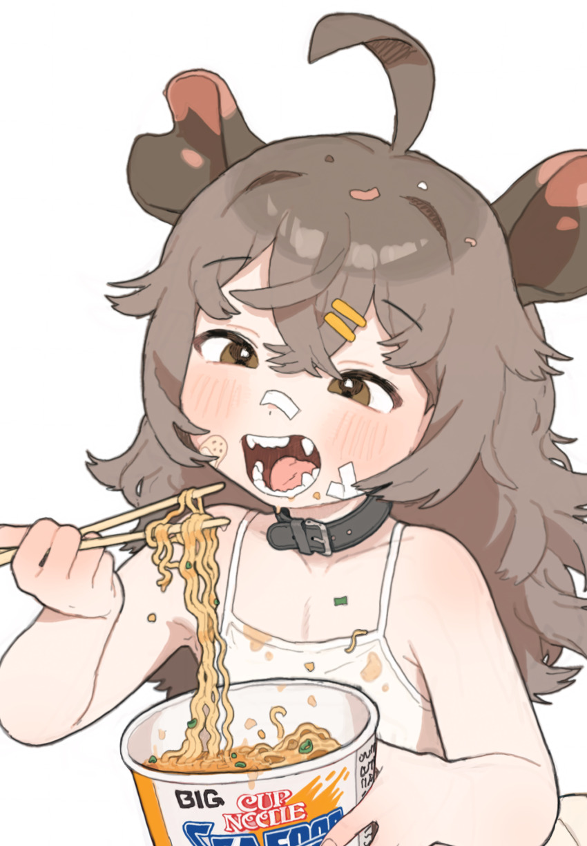 1girl ahoge animal_collar bandaid bandaid_on_cheek bandaid_on_face bare_shoulders black_collar brown_eyes camisole chopsticks collar collarbone commentary_request crossed_bangs eating fangs flat_chest food_on_clothes grey_hair hair_between_eyes hair_ornament hairclip highres holding holding_chopsticks long_hair macci_(possummachine) missing_tooth nissin_cup_noodle open_mouth original possum_ears possummachine simple_background solo upper_body white_background white_camisole