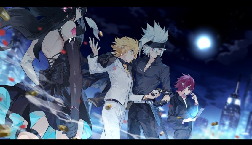 1girl 3boys alternate_costume aotu_world backless_dress backless_outfit belt black_dress black_gloves black_hair black_jacket black_pants black_shirt blonde_hair blue_eyes blurry bokyo bow building cigarette closed_mouth cloud coin collared_shirt dress elbow_gloves flower formal_clothes full_moon gloves grey_(aotu_world) hair_between_eyes headband holding holding_sword holding_weapon jacket jacket_on_shoulders kaili_(aotu_world) king_(aotu_world) letterboxed long_hair long_sleeves moon multiple_boys necktie night night_sky outdoors pants phantom.s profile red_hair sheath shirt short_hair sky smoke spiked_hair standing suit sword tattoo thigh_strap weapon white_hair white_jacket white_pants white_shirt wind