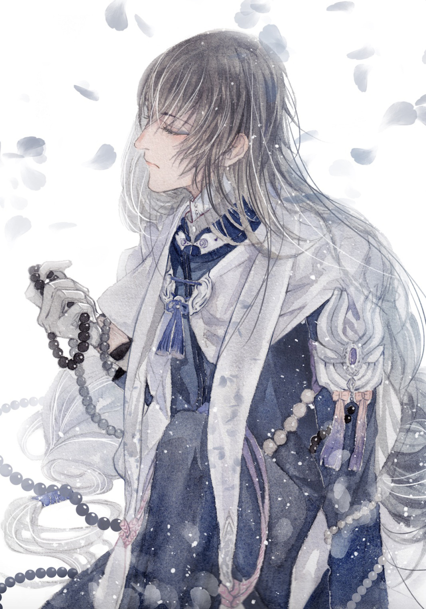 1boy bead_necklace beads blue_jacket blue_pants cloak closed_eyes closed_mouth expressionless falling_petals feet_out_of_frame gloves grey_hair hair_between_eyes highres holding holding_jewelry holding_necklace jacket jewelry juzumaru_tsunetsugu knee_up light_particles long_hair long_sleeves low-tied_long_hair male_focus neck_tassel necklace painting_(medium) pants petals sitting solo stole tai3_3 tassel touken_ranbu traditional_media unworn_jewelry unworn_necklace very_long_hair watercolor_(medium) white_background white_cloak white_gloves