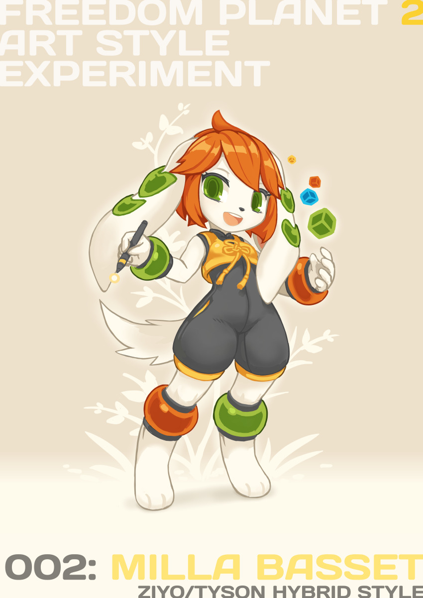 1girl 2015 absurdres ahoge animal_ears anklet barefoot basset_hound bracelet breasts chinese_clothes chinese_knot crop_top digitigrade dog dog_ears dog_girl dog_tail freedom_planet freedom_planet_2 furry furry_female green_eyes highres holding holding_stylus jewelry krita_(medium) looking_at_viewer milla_basset non-web_source open_mouth orange_hair romper simple_background small_breasts smile standing stylus tail tsurime tyson_tan wristband